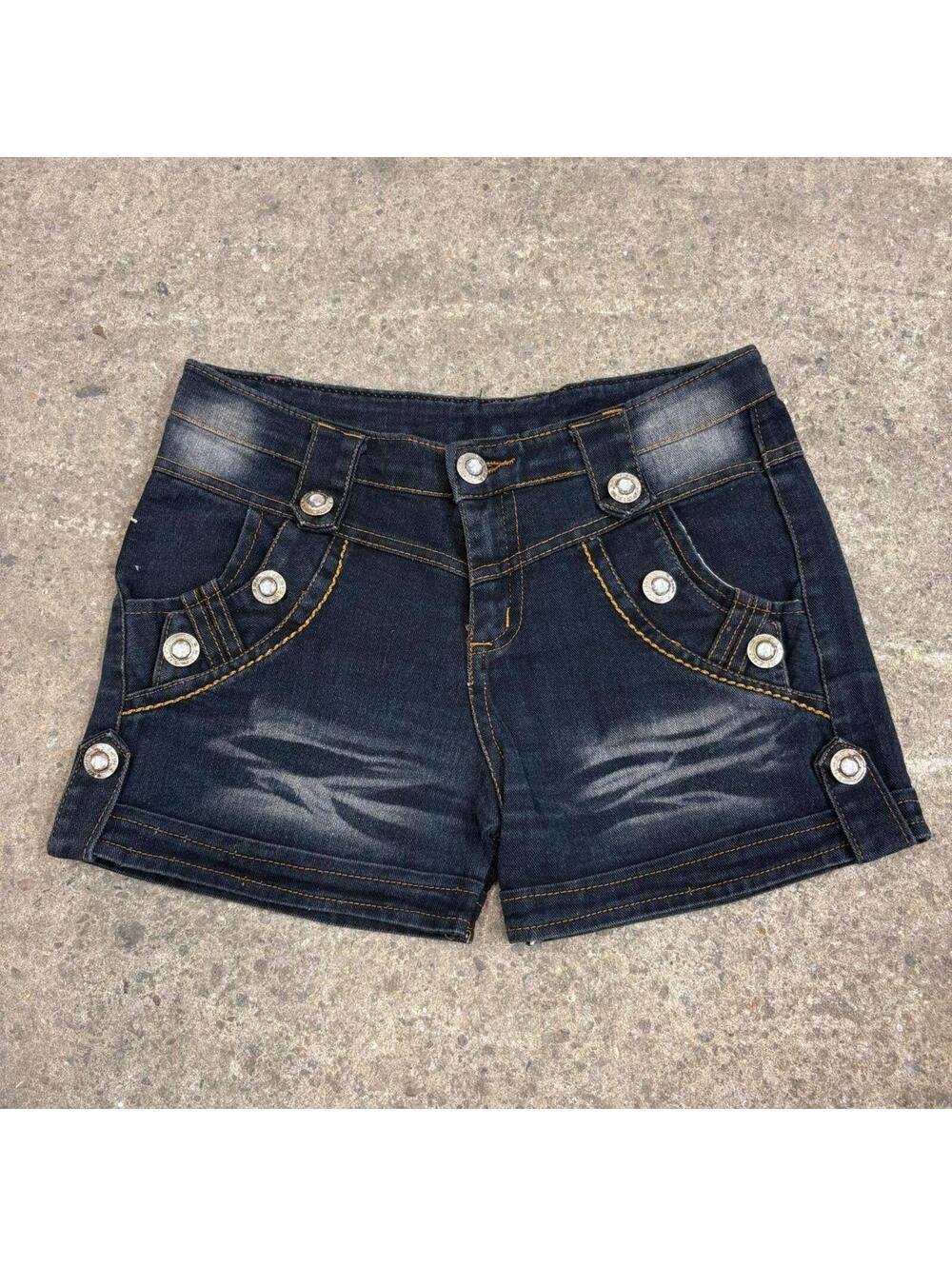 Vintage Y2K Low Rise Denim Shorts Dark Wash Button Front Plaid Pocket